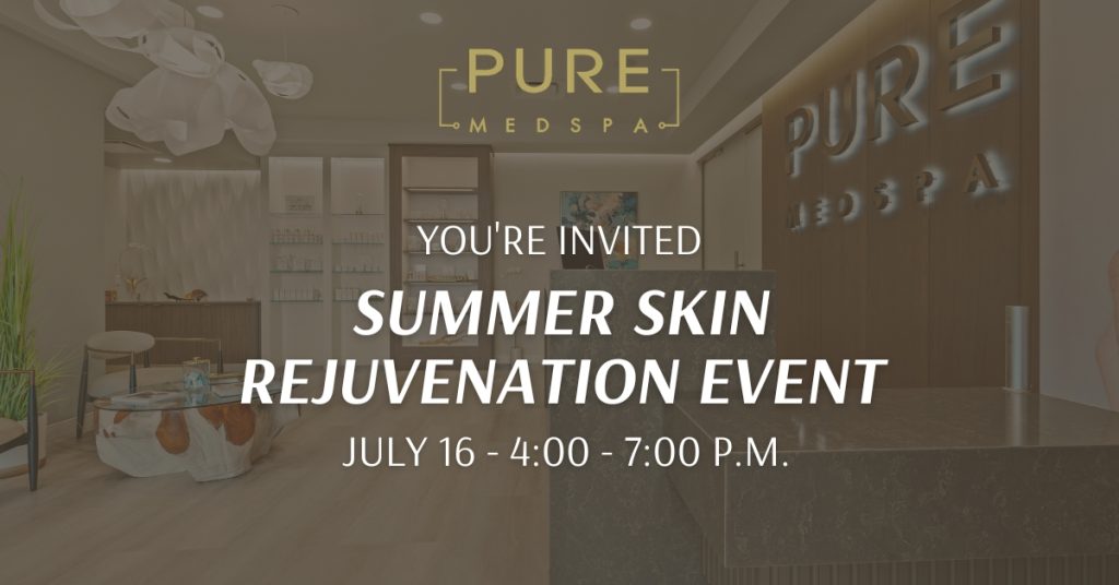 Interior of Pure Med Spa Medford with promotional text for a Summer Skin Rejuvenation Event.